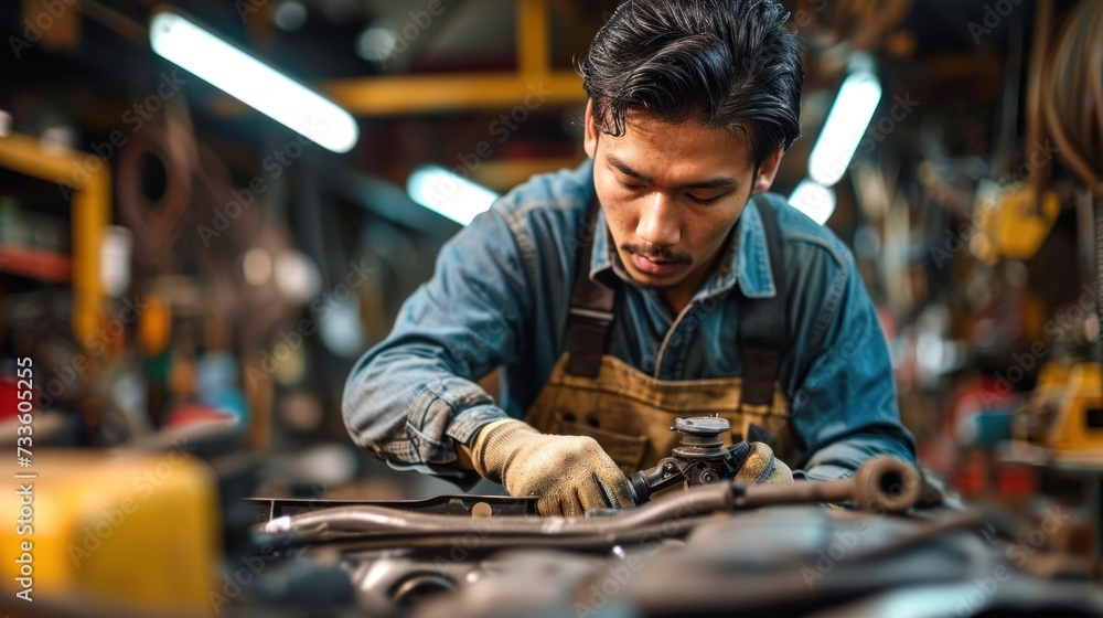 Man repairing a car in auto repair shop. Young Asian man in his workshop.