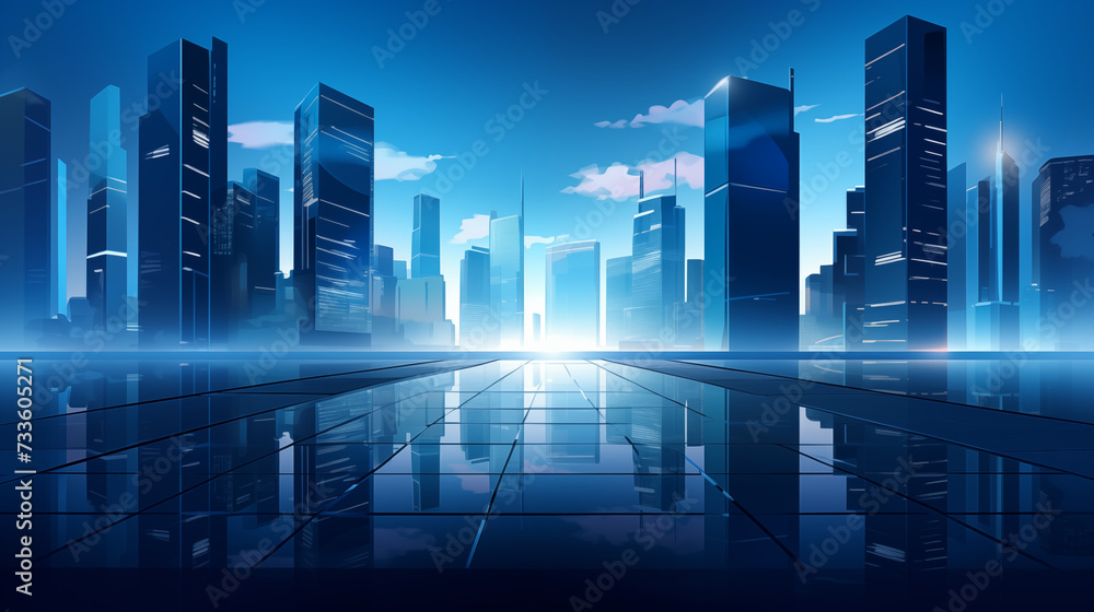 スマートシティの近代的な高層ビル、未来的な金融街、建物と反射のグラフィックパース - 企業やビジネスパンフレットのテンプレートのための建築の青い背景