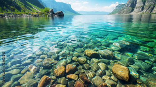 Clear Waters Over Smooth Pebbles, Crystal-clear lake waters revealing smooth, colorful pebbles underneath.