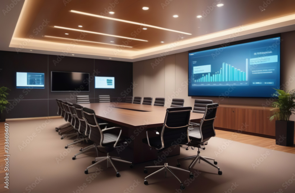 Defocused abstract Conference Room with big desk table, presentation TV, Infographics, Statistics, Graphs. E-Commerce Startup. Blurred empty modern city office. Business open space interior. Finance Defocused abstract Conference Room with big desk table, presentation TV, Infographics, Statistics, Graphs. E-Commerce Startup. Blurred empty modern city office. Business open space interior. Finance