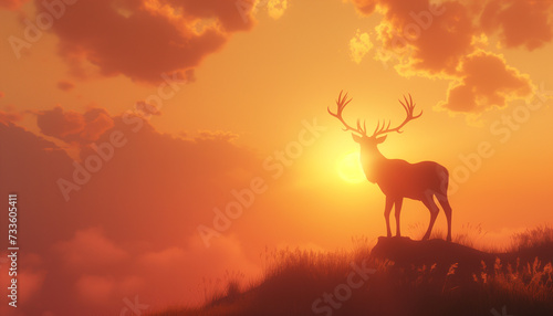 A deer stands silhouetted on a hilltop with its antlers etched against the fiery orange sky of a setting sun  creating a peaceful and majestic end-of-day scene