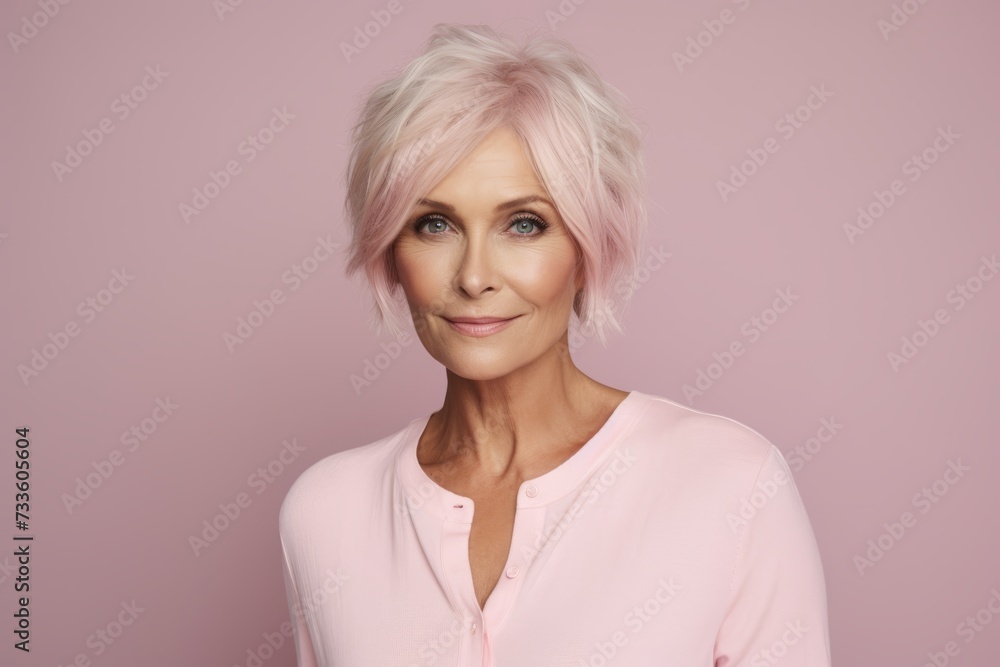 Portrait of a beautiful middle aged woman with pink hair on a pink background Portrait of a beautiful middle aged woman with pink hair on a pink background