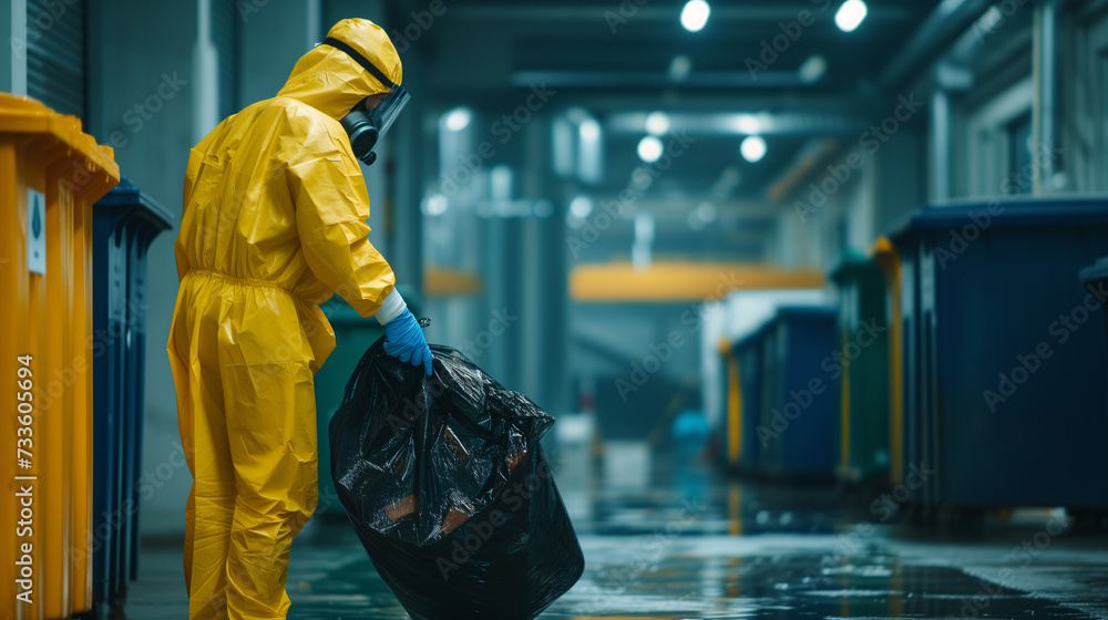 man in protective suit and disposal container for infectious waste man in protective suit and disposal container for infectious waste