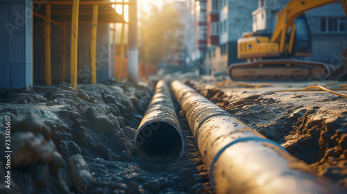 installation of a sewage pipe during the construction photo