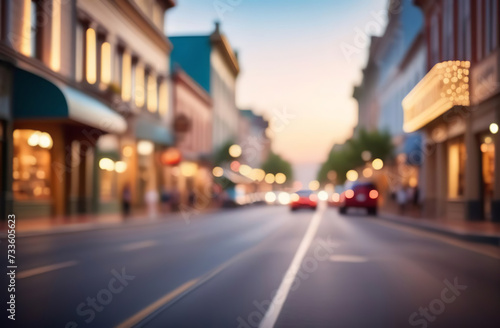Abstract blur evening city street road lighting bokeh for background. Defocused street scene. Blurred of main street, headlamps. Outdoor busy modern life concept. Suitable for web and magazine layouts © Marina Demidiuk