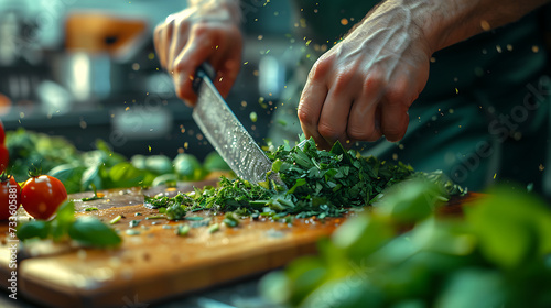 Chef slicing vegetables on a wooden board, in the style of soft focus, stylish AI Image Generative photo