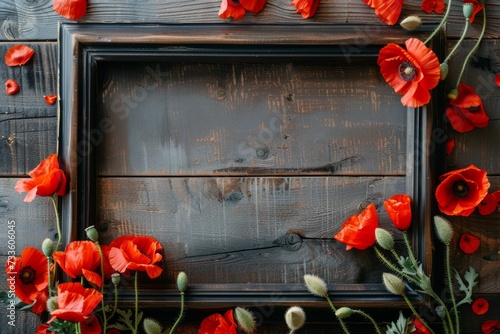 ustic picture frame, its edges worn smooth with time, sits nestled amidst a sea of red poppies photo