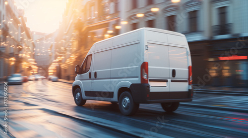 white commercial delivery van on the street with motion