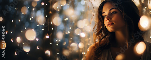 Woman Standing in Front of Window Covered in Lights