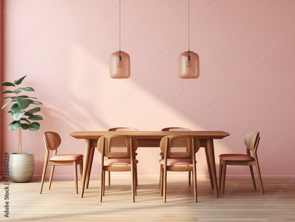 Contemporary Dining Space with Sleek Wooden Table and Pink Walls