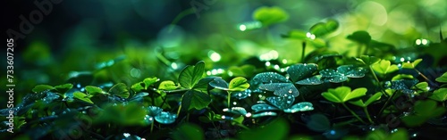 Green clover leaves with dew drops on blurred nature background. Banner