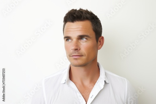 Portrait of a handsome young man looking away against a white background