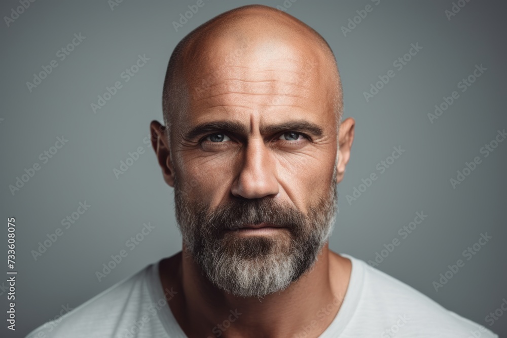 Portrait of a handsome mature man with beard and mustache on grey background Portrait of a handsome mature man with beard and mustache on grey background