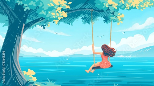 Happy carefree little girl reclining on a seesaw outside near water during the summer vacation. Flat vector image