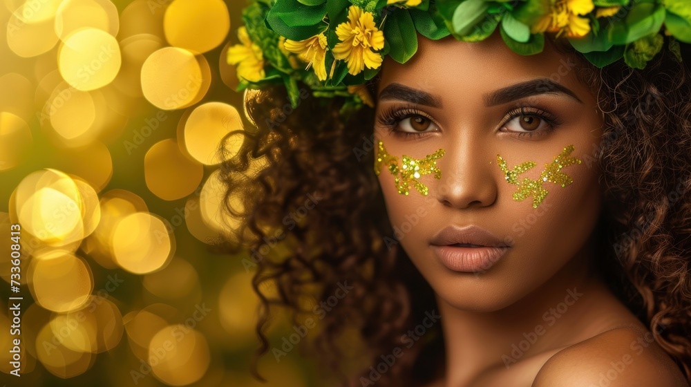 Beauty portrait of young african american woman in wreath of flowers.