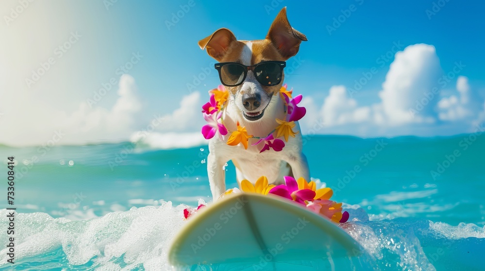 Jack Russell puppy enjoying a wave ride while on summer vacation in the seaside, wearing stylish sunglasses and a flower chain.