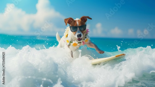 Jack Russell puppy enjoying a wave ride while on summer vacation in the seaside, wearing stylish sunglasses and a flower chain. © Suleyman