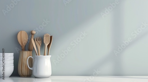 Kitchen utensils background with text placeholder, front view, home kitchen decor concept