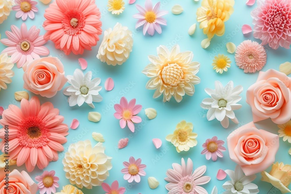 Happy Women's Day on a Pastel Candy-Colored Background with Flora