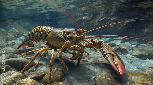 Lobster submerged in water with a stony bottom
