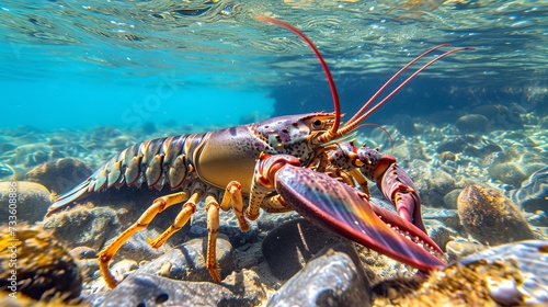 Lobster submerged in water with a stony bottom