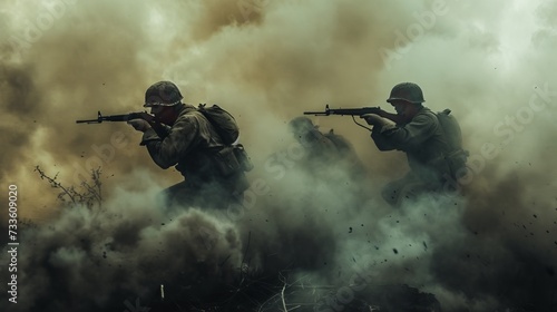 US Army soldiers fighting during military historical reconstruction amid a cloud of smoke.