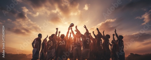 American football players standing in a huddle and raising a championship trophy in celebration photo