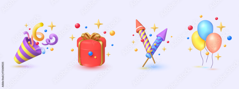 3d icon Confetti party popper, Gift Box, firework and balloon illustration