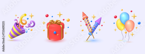 3d icon Confetti party popper, Gift Box, firework and balloon illustration