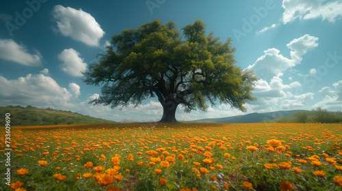 A solitary majestic oak tree stands tall in the midst of a vibrant meadow blanketed with orange wildflowers under a serene sky.
