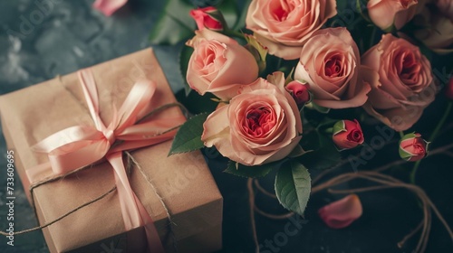  Close-up of beautiful roses floral greeting card mockup wedding invitation card happy mother day or valentine day concept Gift box  heart background. 