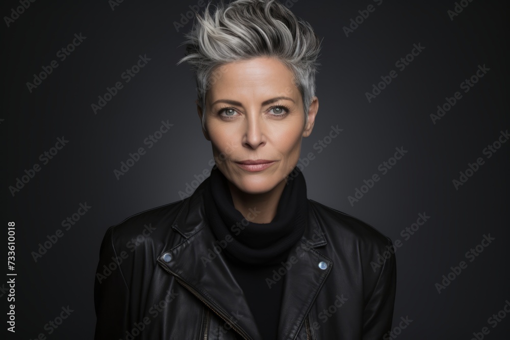Portrait of a beautiful middle-aged woman in a black leather jacket.