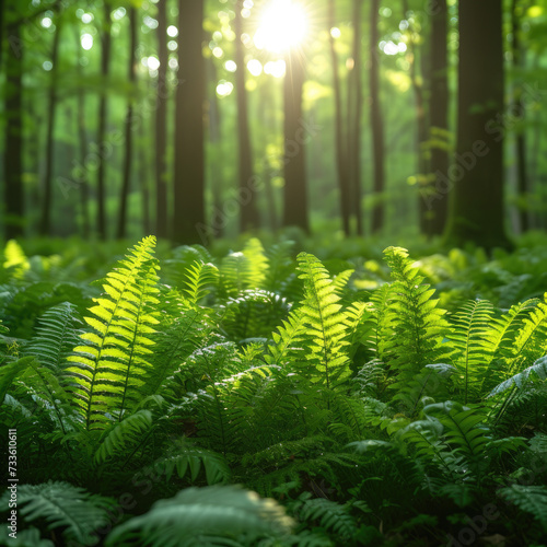 A Green Fern  Sunlight Filtering Through a Lush Forest