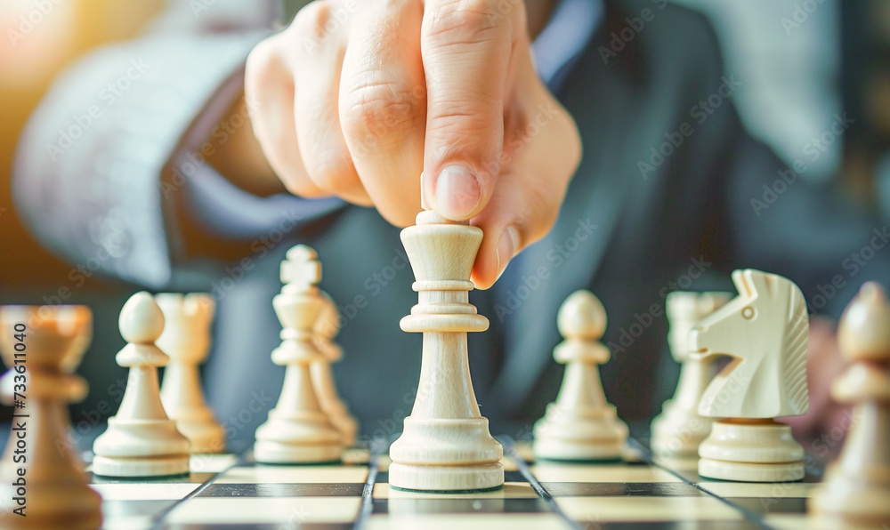Hand holding chess pieces on chess board in strategic game challenge Hand holding chess pieces on chess board in strategic game challenge