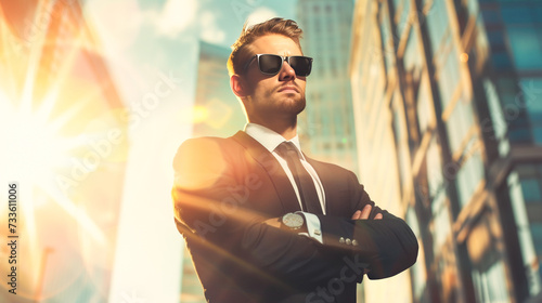 Stylish man with sunglasses in the city, looking cool and confident outdoors