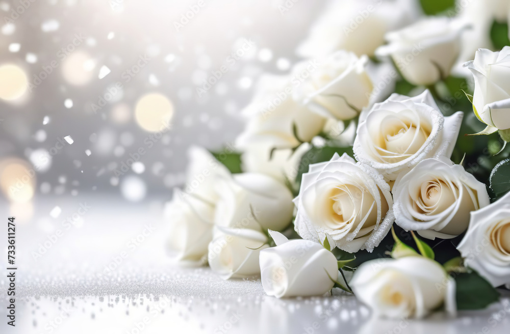 White roses bunch, blurred bokeh background. Defocused space for text placement. Horizontal panoramic banner. Fresh blossoming delicate rose frame, flowers festive floral card, selective focus, toned