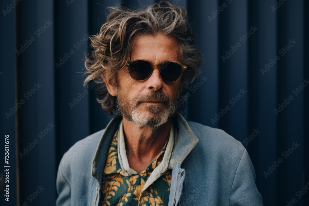 Portrait of an old man in sunglasses on a background of a blue wall Portrait of an old man in sunglasses on a background of a blue wall