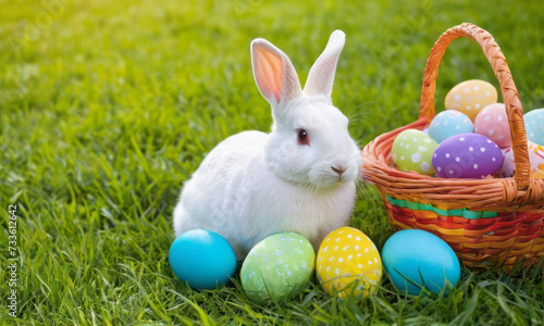 white bunny and colorful Easter eggs in basket on green grass © alter_photo