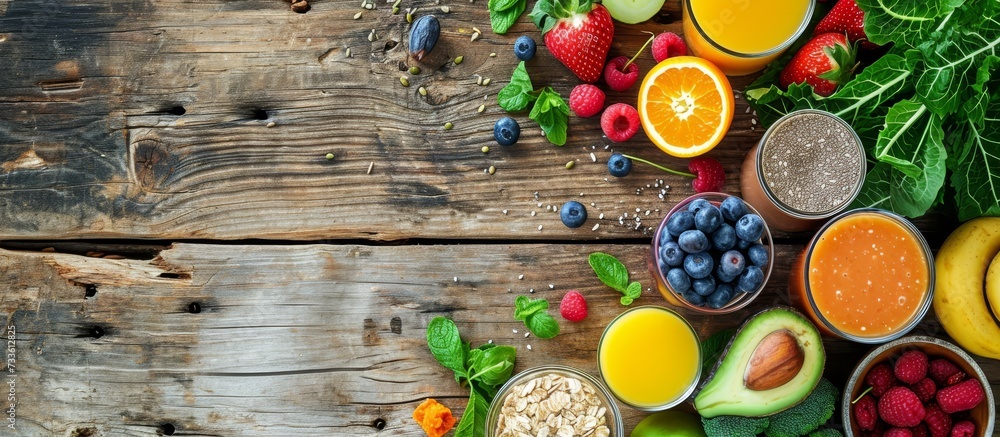 Assorted healthy food and drinks on a wooden table depicting concepts of nutrition and wellness. Assorted healthy food and drinks on a wooden table depicting concepts of nutrition and wellness.