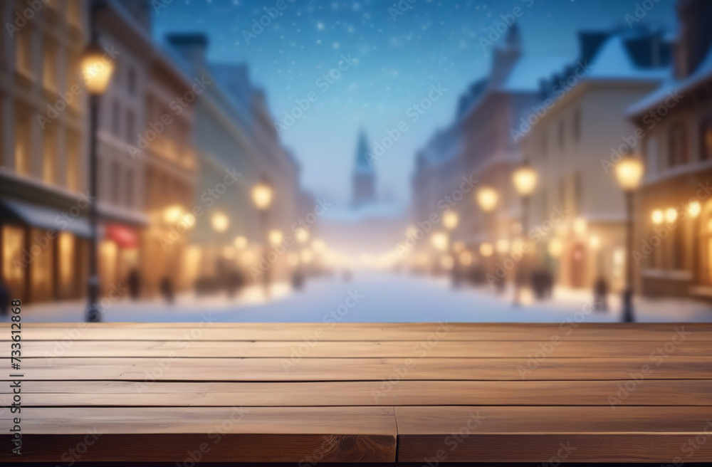Wood table on twilight blurred city background. Building outside for display or montage mock up products. Wooden tabletop counter against blur bokeh winter town panorama. Plank floor, cityscape view