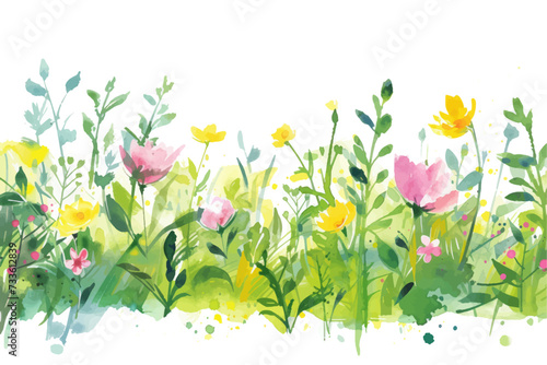 Rural spring landscape with a river and green meadows. Vector watercolor illustration.