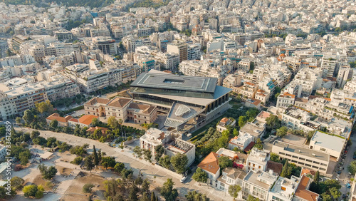 Athens, Greece. Acropolis Museum in the light of the morning sun. Summer, Aerial View