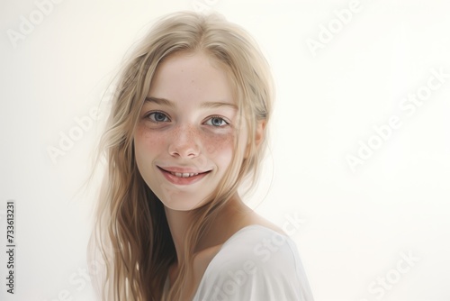A background image with a smiling young woman set against a white backdrop, featuring ample space for customization, creating a versatile and welcoming canvas for various design needs.