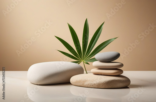 Stones on empty blank marble tabletop desk. Beige wall, beautiful tropical minimalistic backdrop for product presentation. Podium, pedestal. Showcase, display case. Minimal abstract stage mockup.