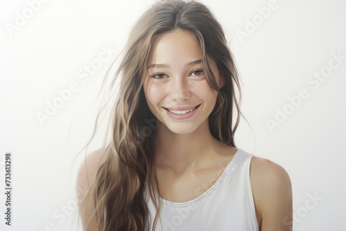 A background image with a smiling young woman positioned in the center against a white backdrop, offering space for customization, creating a versatile and engaging visual canvas.