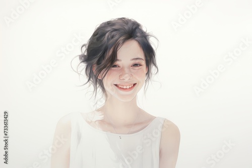 A background image featuring a young woman smiling with an overexposure effect against a white backdrop  offering a clean canvas for customization.