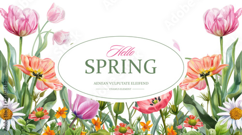 Frame decorated with flowers, tulips for women's day on March 8. Spring celebration