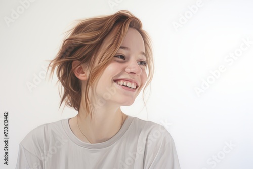 A background image featuring a smiling young girl gazing into the distance against a white backdrop, providing a serene and versatile canvas for customization.
