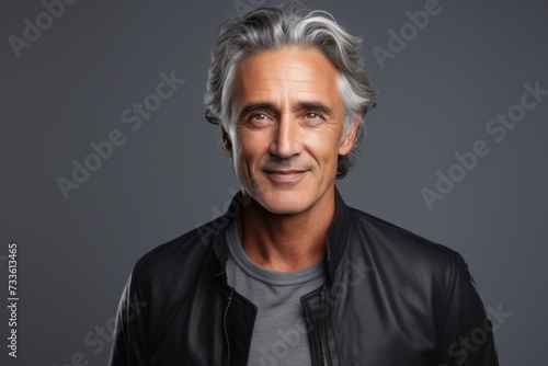 Portrait of a handsome middle-aged man in black leather jacket, over grey background.