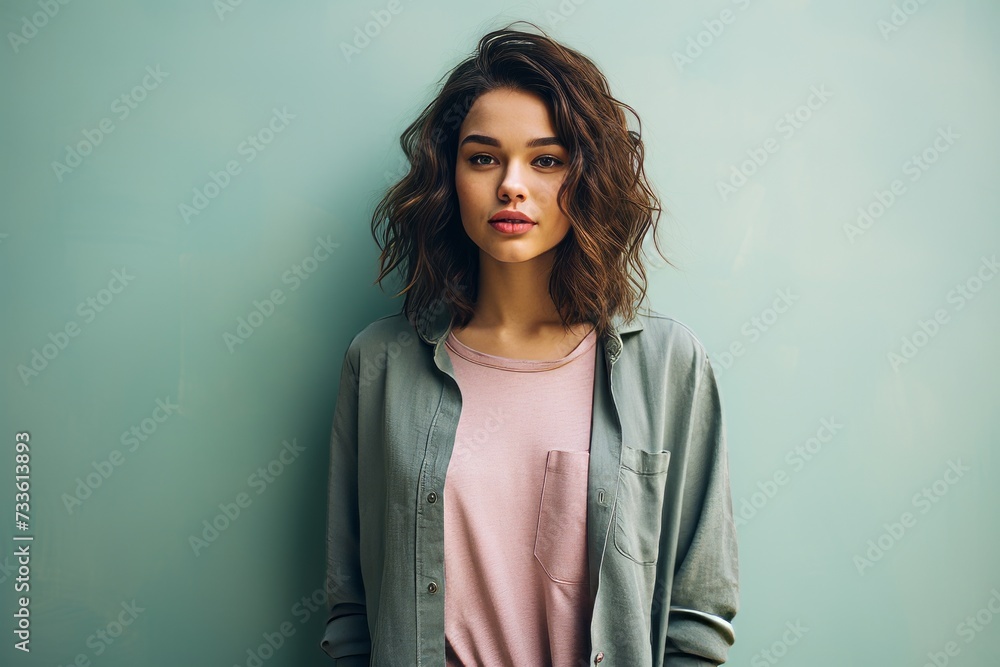 A background image featuring a young woman standing against a light green wall, providing a fresh and vibrant backdrop for various design needs. A background image featuring a young woman standing against a light green wall, providing a fresh and vibrant backdrop for various design needs.